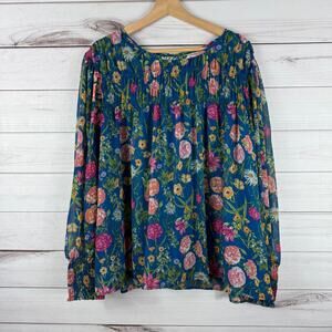 Terra & Sky‎ Floral Blouse Sz 1X Blue Colorful Flowy Balloon Sleeve Sheer Ruched